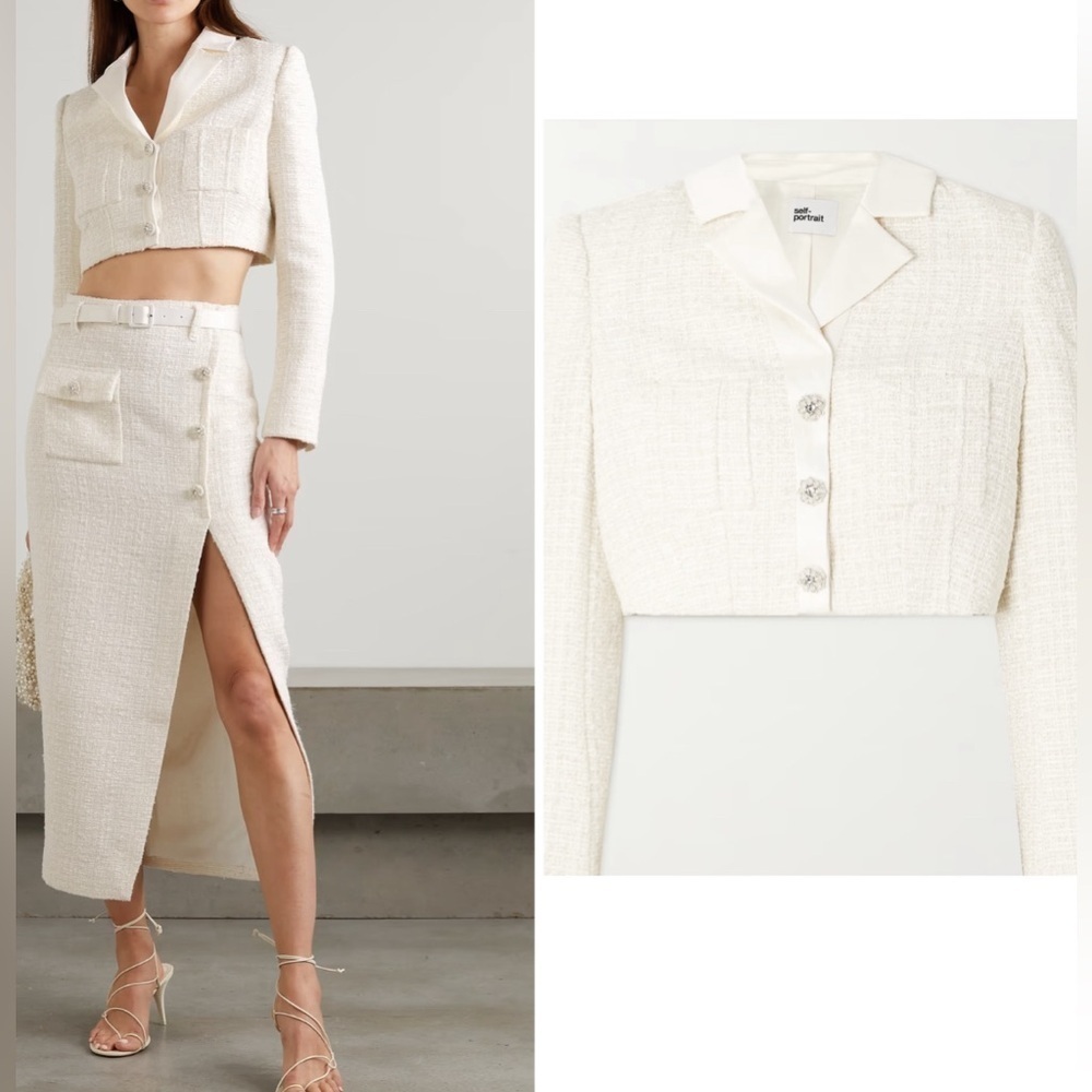 Self Portrait embellished satin-trimmed metallic bouclé-tweed blazer white NWT